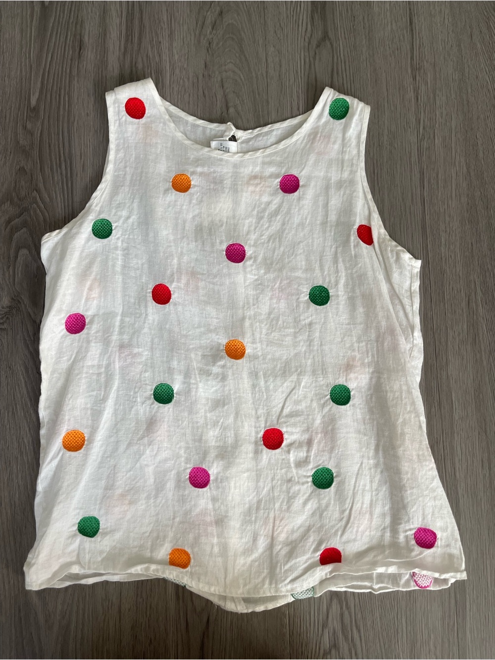 Vintage White Sleeveless Linen Top with Multicolor Polka Dots paul Alexander